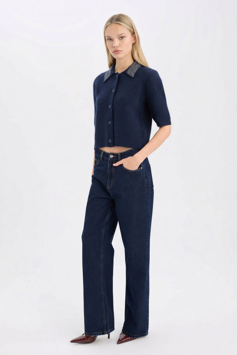 DeFacto Blue Woman Regular Fit Polo Neck Basic Buttoned Knitted Cardigan Casual - Image 2